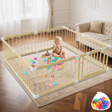 Wooden Baby Playpen - 65  65  25 Inch Wood Playpen for Babies and Toddlers with 30 Ocean Ball - Baby Gate Easy to Assemble Indoo