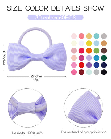 Jollybows 60Pcs 2 Inches Baby Girls Hair Bows Ties Mini Boutique Elastic Hair Rubber Ribbon Hair Band Accessories For Kids Toddl