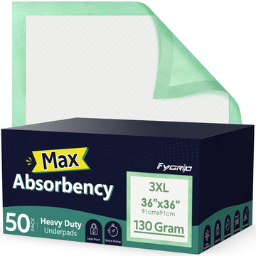 Fygrip 50 Count Hospital Grade 130 Gram 36    X 36    Max Absorbency Disposable Underpads, Leakproof Quick Drying Xxxl Bed Pads