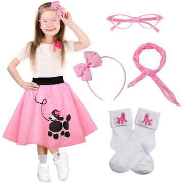 Poodle Skirt 1950S Costume Accessory Set Of 5Pcs For Girls,100 Days Of School Costume For Kids Pink