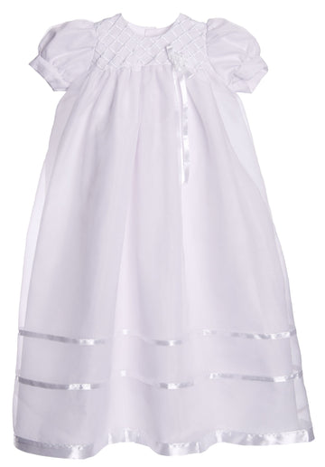 Long White Embroidered Organza Christening Baptism Gown With Bonnet - M (6-9 Month)