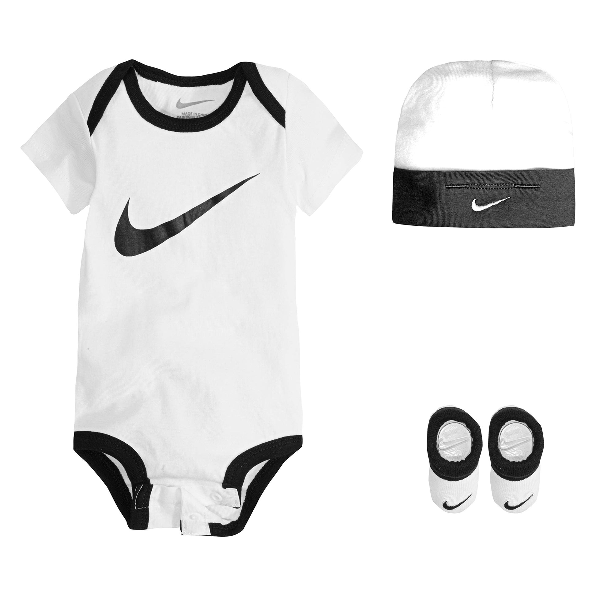 Nike Baby Hat, Bodysuit And Booties 3-Piece Gift Box Set, White Swoosh, 0/6M