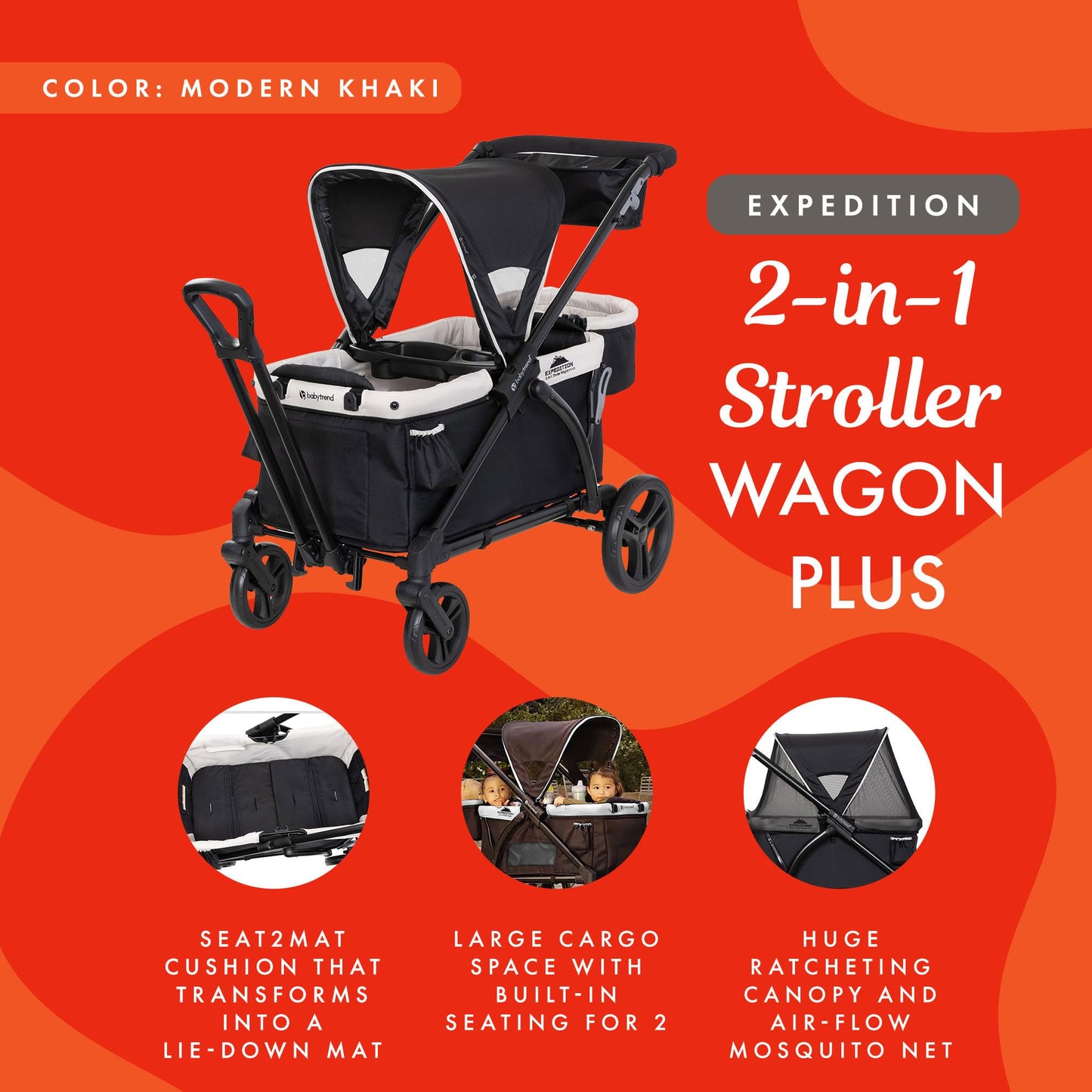 Baby Trend Expedition 2-In-1 Collapsible Stroller Wagon Plus With Canopy, Storage Basket, 2 Storage Trays, And 6 Bottle Holders,