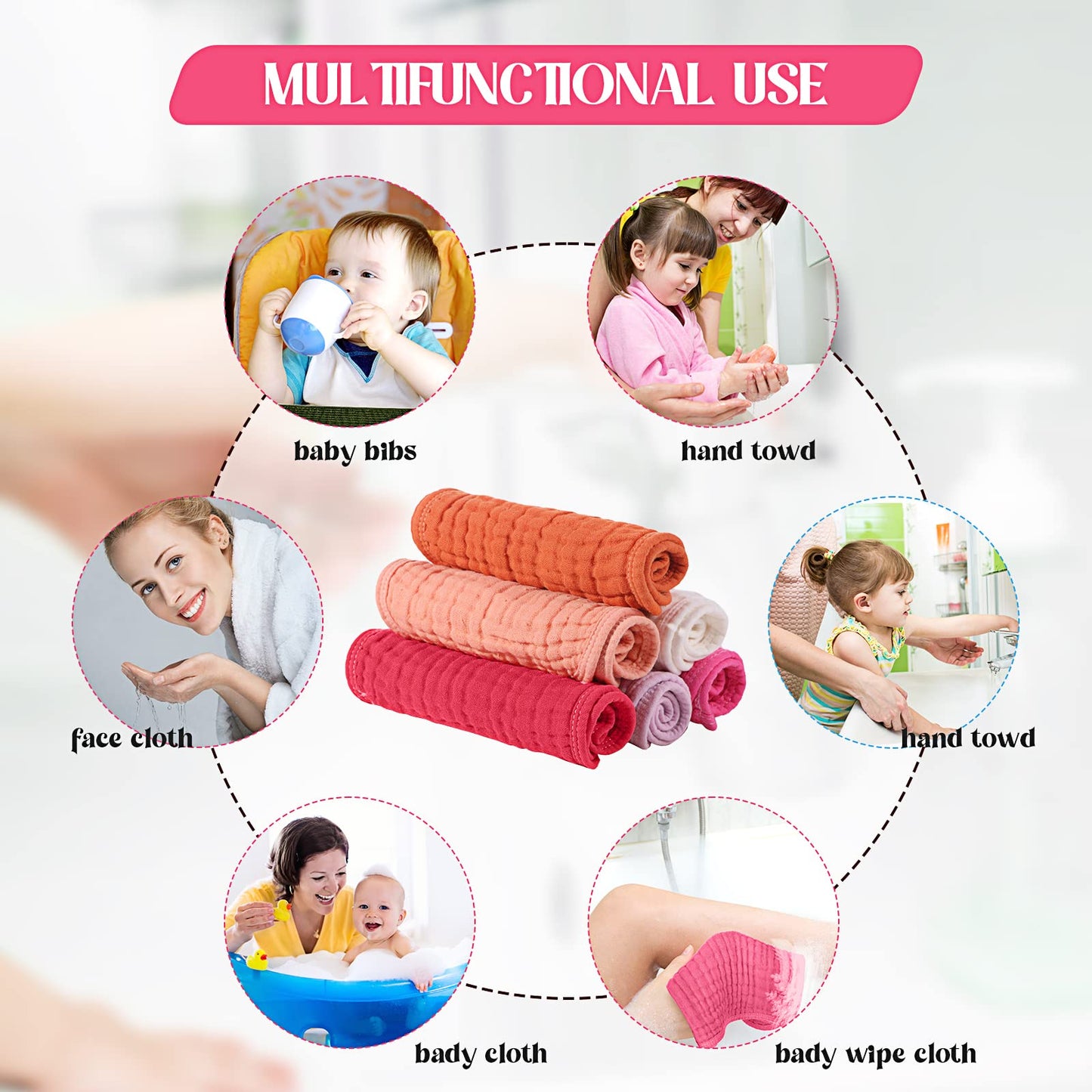 Frienda 6 Pack Muslin Burp Cloths Cotton Large 20x 9 Extra Absorbent and Soft Baby Burping Cloth for Baby Boy Girl Unisex(Pi