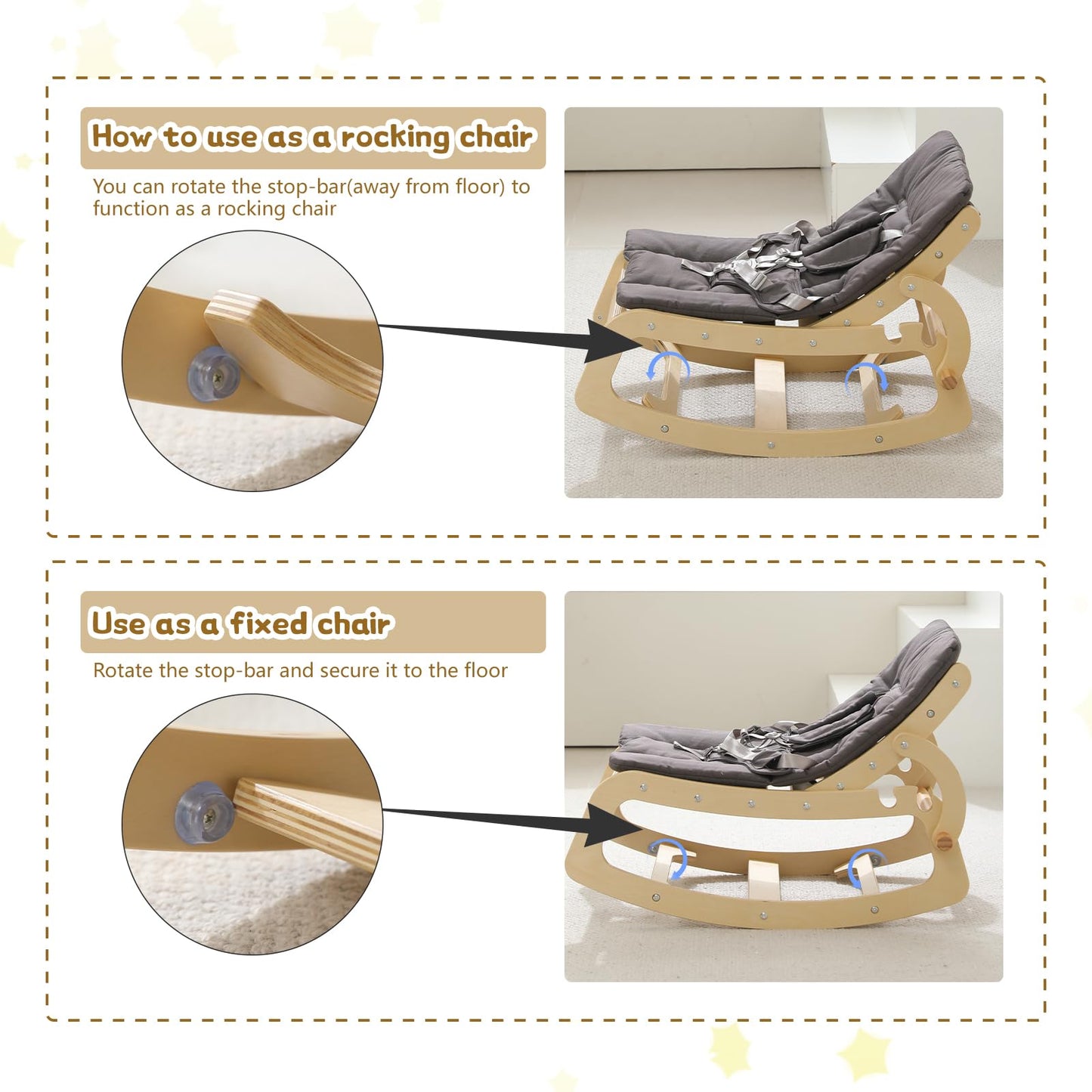 3-in-1 Baby Bouncer Adjustable Wooden Rocker Chair, Ergonomic Design Baby Lounger with Removable Cushion,Seat Belt and Booster,