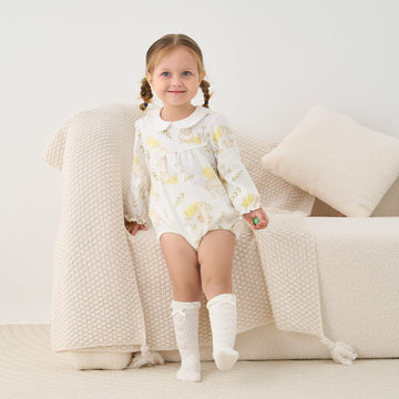 Pureborn Baby Girls Bodysuit Peter Pan Collar Bubble Romper Easter Long Sleeve One-Piece Cotton Outfit Field Rabbit 12-18 Months
