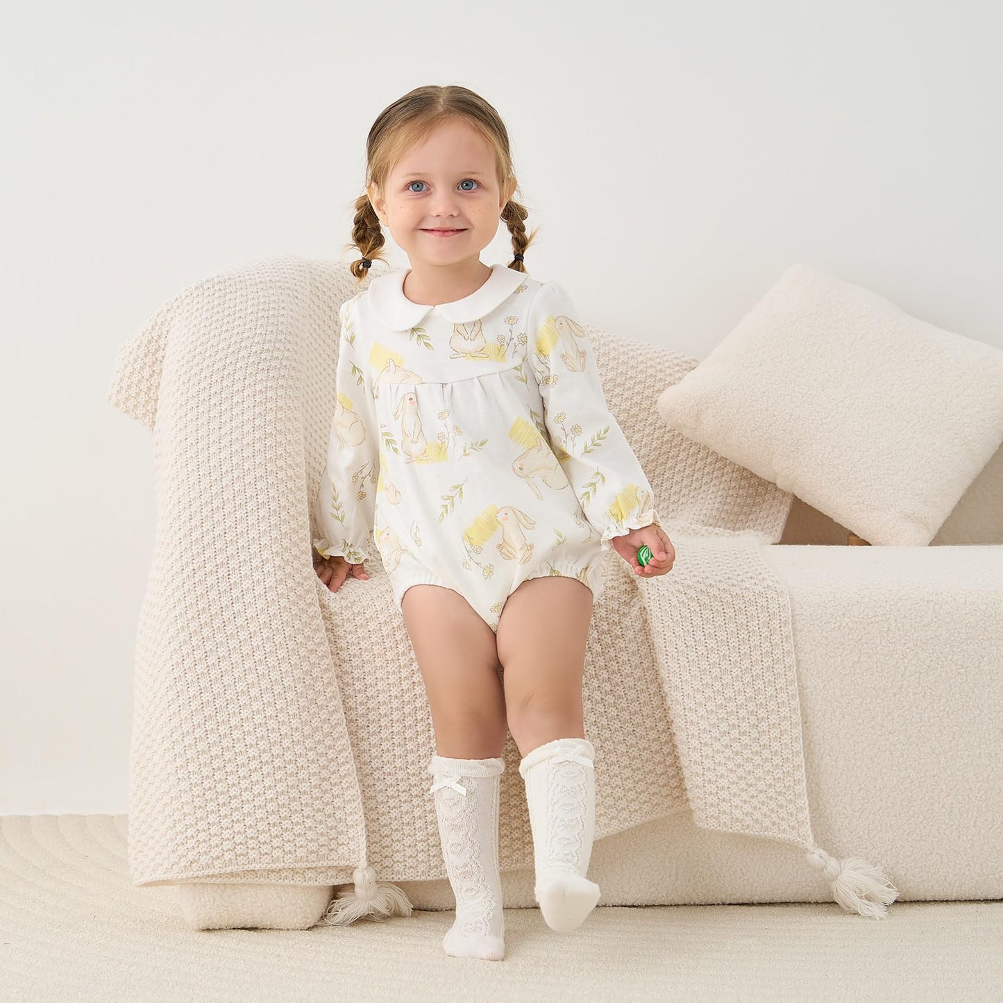 Pureborn Baby Girls Bodysuit Peter Pan Collar Bubble Romper Easter Long Sleeve One-Piece Cotton Outfit Field Rabbit 9-12 Months