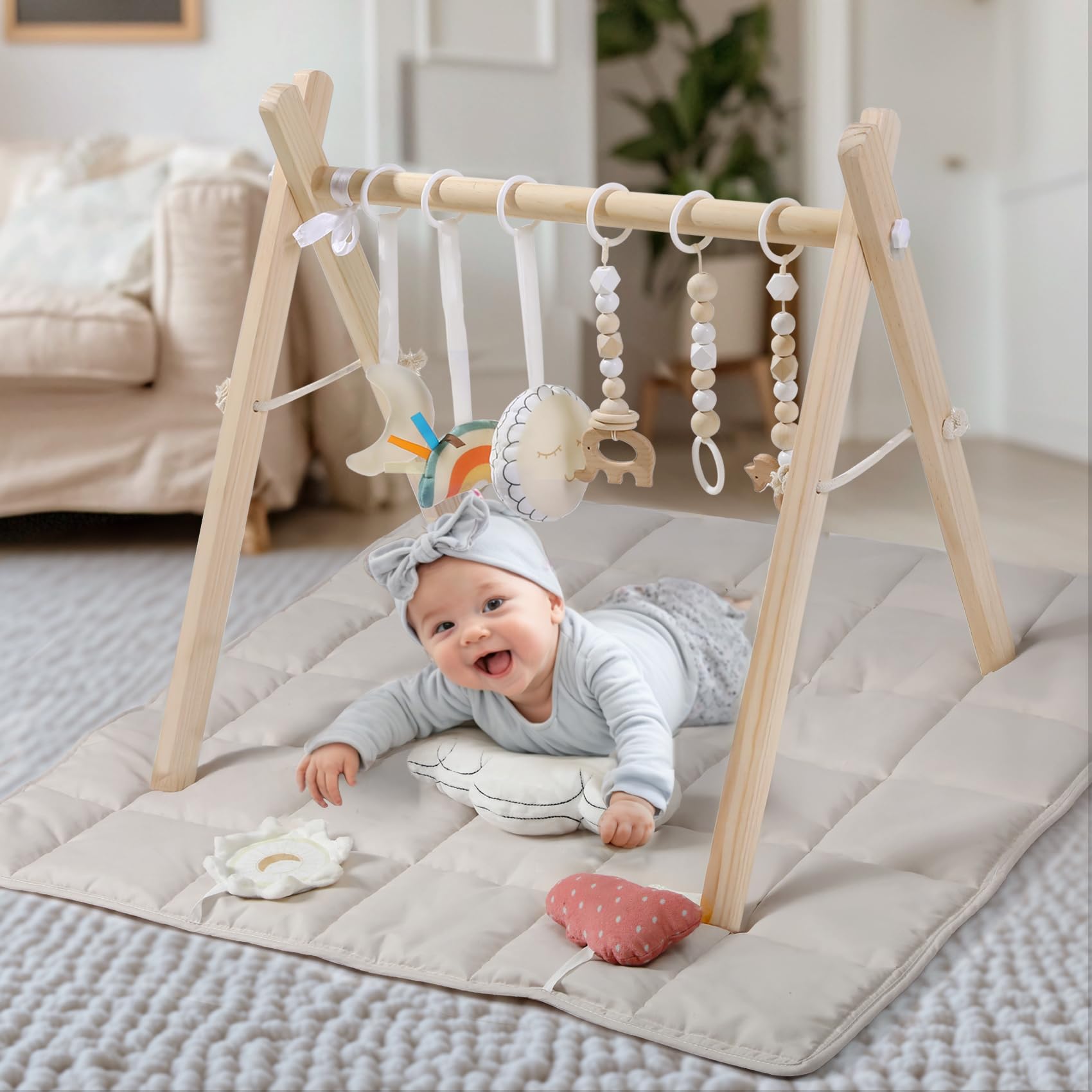 Wooden Play Gym With Beige Mat, Foldable Baby Play Gym, Infant Activity Mat With 6 Hanging Toys, Natural Pine Wood Frame Activit