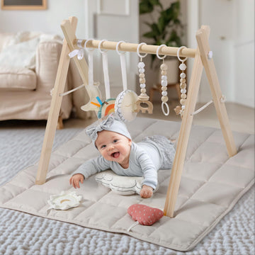 Wooden Play Gym With Beige Mat, Foldable Baby Play Gym, Infant Activity Mat With 6 Hanging Toys, Natural Pine Wood Frame Activit