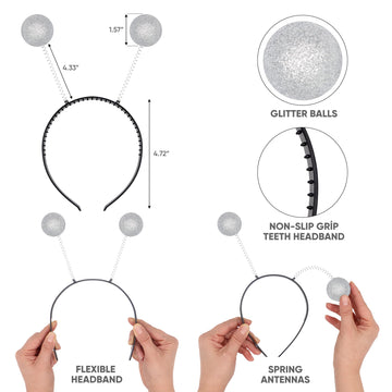 Funcredible Silver Alien Headbands And Glitter - Martian Alien Antenna Headbands - Sparkly Alien Costume Accessories - Alien Hal