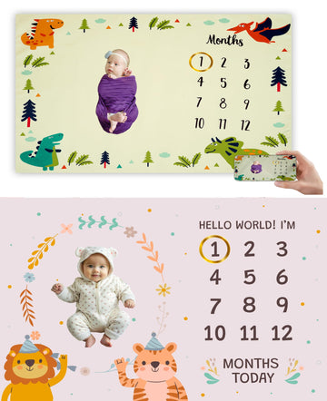 Hoolloomooloo Combo Pack of 2 Baby Monthly Milestone Blankets  Jungle Animal & Dinosaur Themes for Newborn Photography, Soft Fl