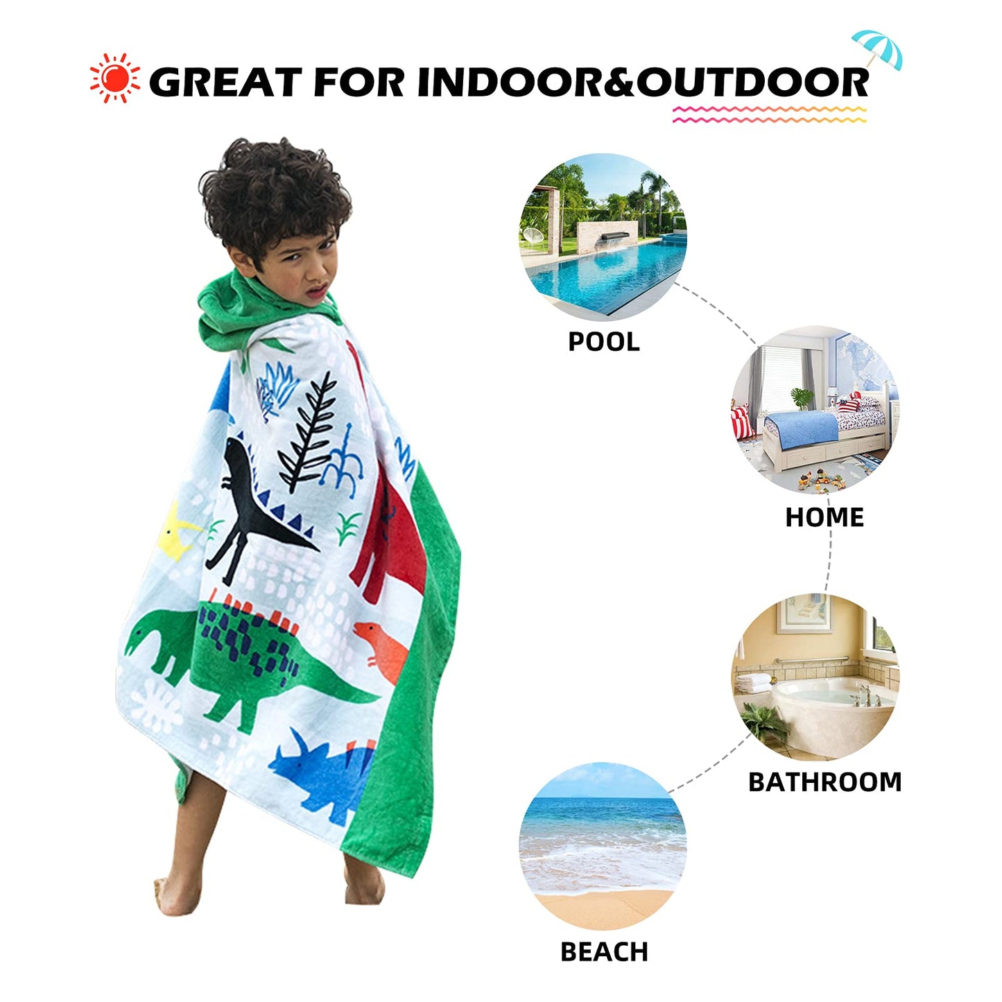 Bangsaur Kids Hooded Bath Beach Towel, 100% Cotton 50'X30' Wrap, Toddlers Girls Boys 3-12 Years Coverup(Dinosaurs)