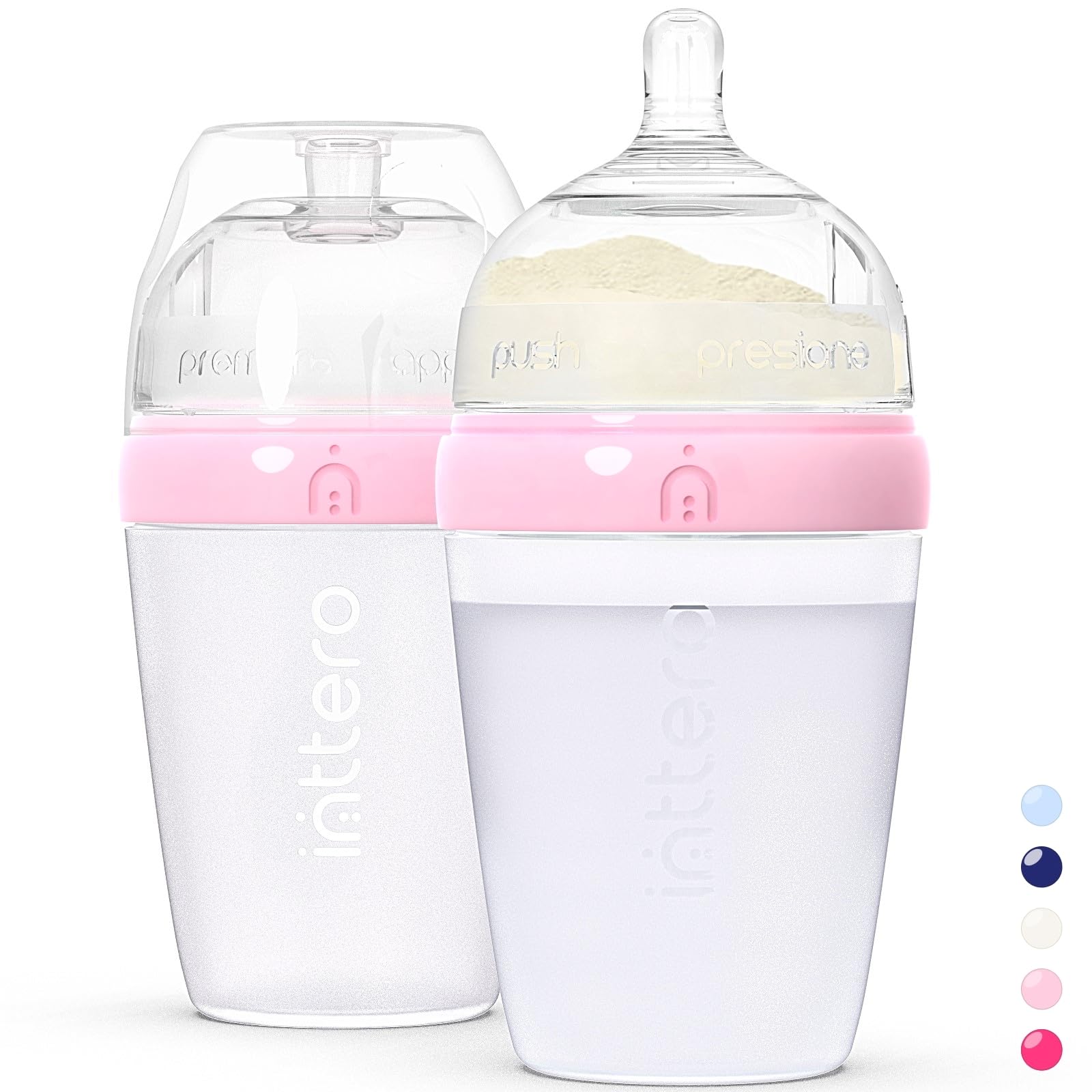 Inttero 9oz Pink Formula Dispenser Anti-Colic Baby Bottles - 2 Pack/Medium Flow (Cute Pink) - Everyday Baby Essential - Formula 