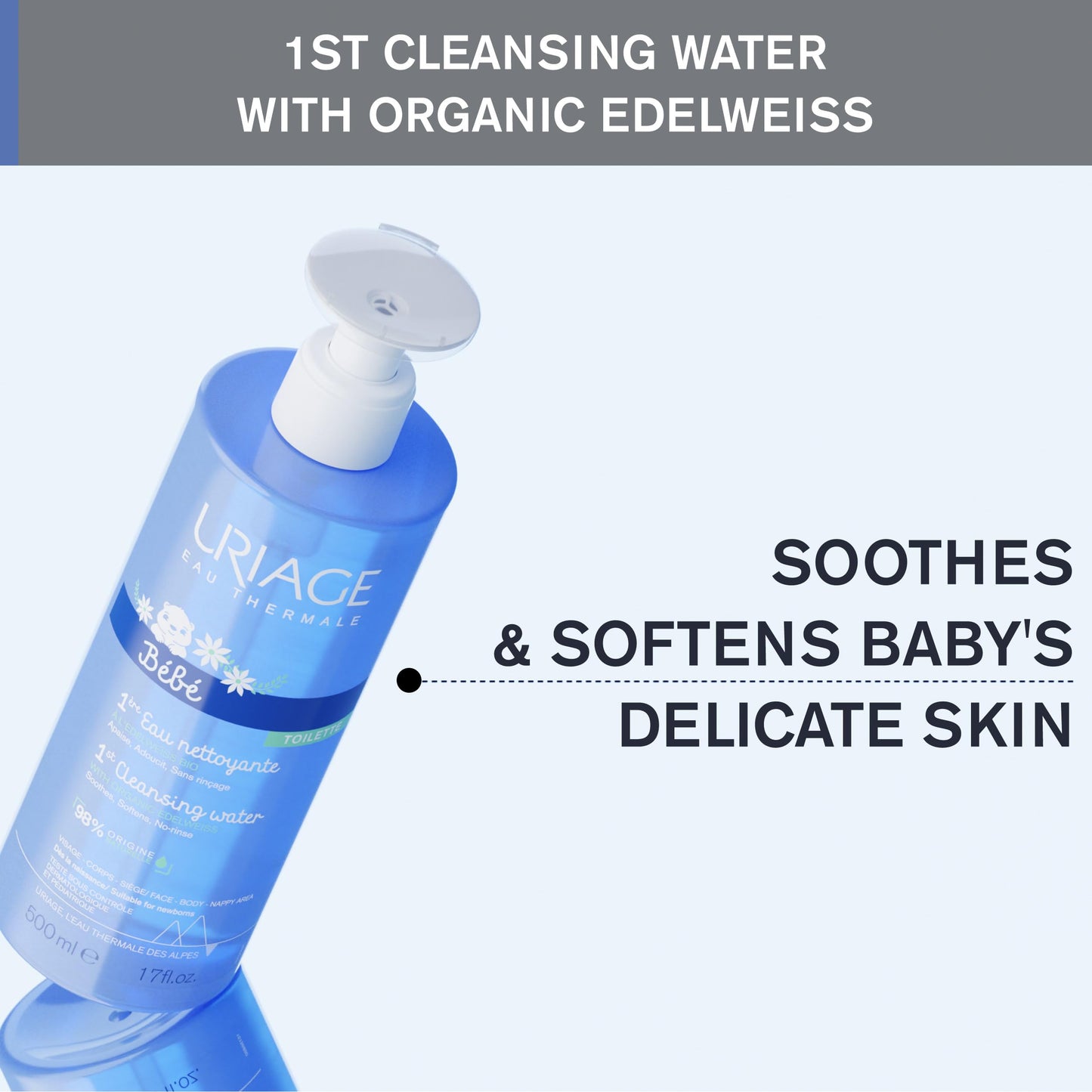 Uriage Baby 1St Cleansing Water With Organic Edelweiss I No-Rinse, Soothes, And Softens, Face & Body, Paraben & Soap Free, 500 M
