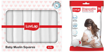 LuvLap Cotton Muslin Baby Swaddle Set (120x100cm, Pack of 6) Plain White and Ultra Thin Honeycomb Nursing Breast Pads (36pcs) Hi