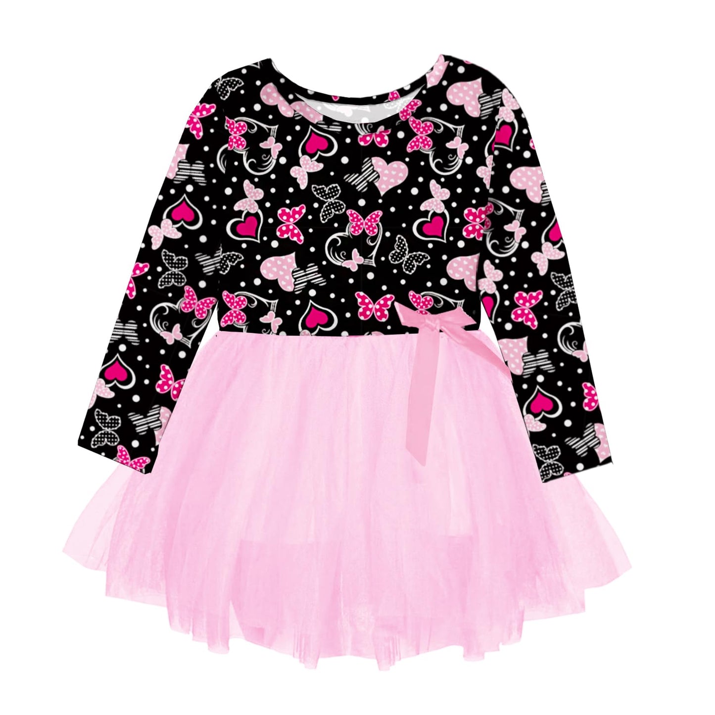 Toddler Valentine'S Day Dress Girls Pink Butterfly Printed Long Sleeve Outfits Holiday Party Dresses 1-2T