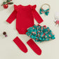 Beqeuewll Baby Girl Christmas Outfits Letter Embroidery Long Sleeve Romper With Ruffled Shorts And Headband Socks 4Pcs Set (Merr