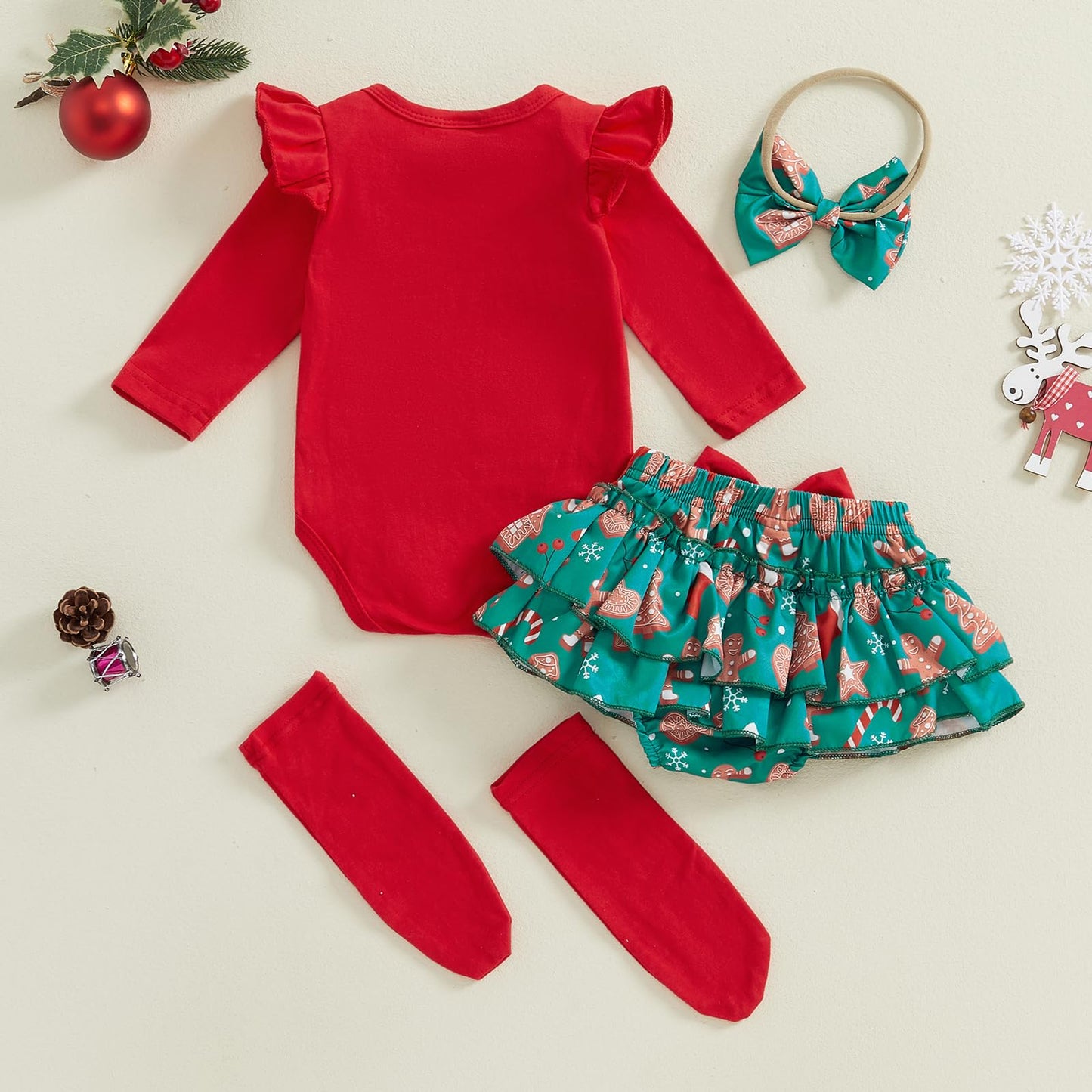 Beqeuewll Baby Girl Christmas Outfits Letter Embroidery Long Sleeve Romper With Ruffled Shorts And Headband Socks 4Pcs Set (Merr