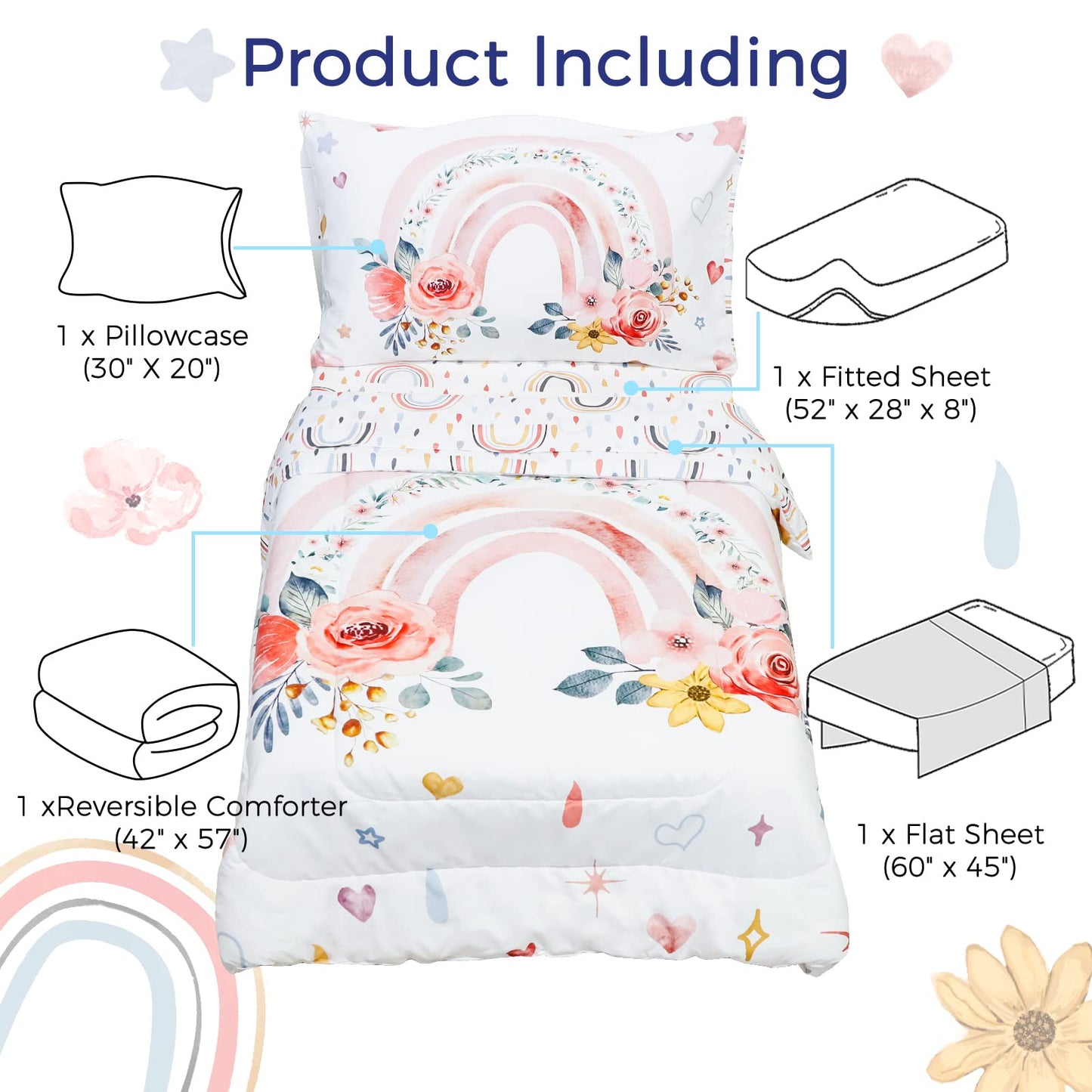 4 Pieces Toddler Bedding Set For Girls, Rainbow Toddler Comforter Set, Include Quilted Comforter, Flat Sheet, Fitted Sheet, Pill