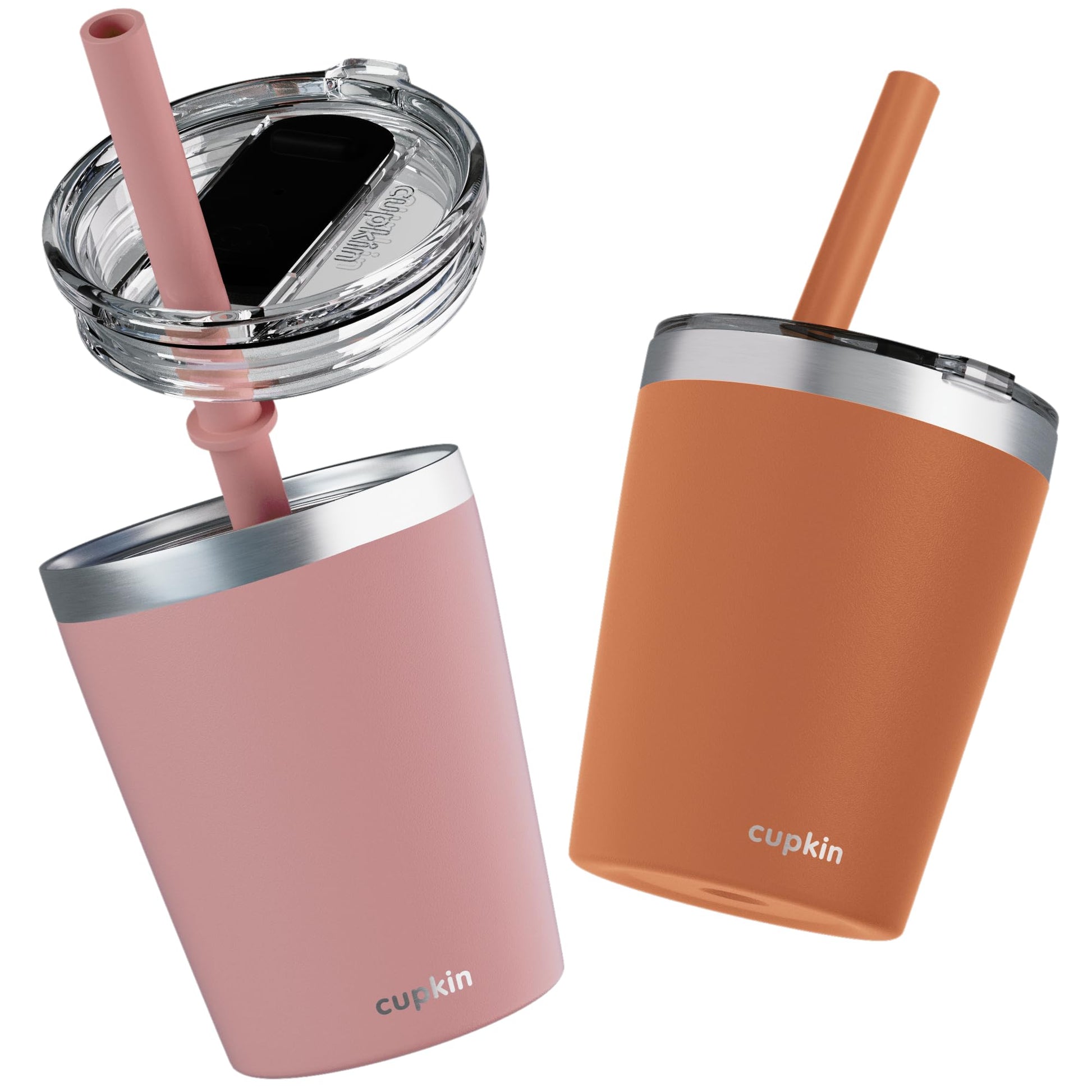 Cupkin Steel Cup, The Original 8 Oz Stackable Stainless Steel Silicone Straw Cup, Set Of 2 Powder Coated Insulated Toddler Cups