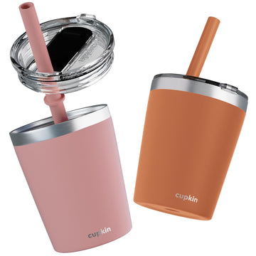 Cupkin Steel Cup, The Original 8 Oz Stackable Stainless Steel Silicone Straw Cup, Set Of 2 Powder Coated Insulated Toddler Cups
