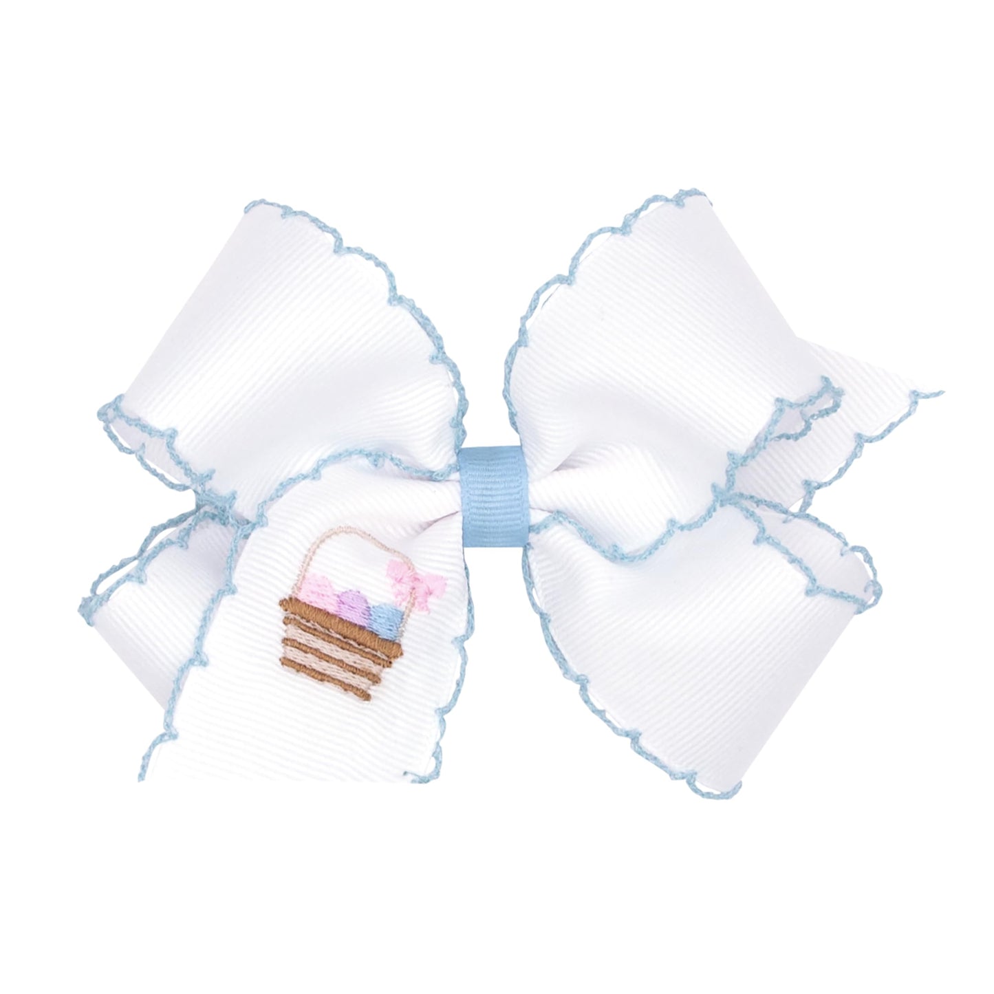 Wee Ones Girls' Easter Embellished Grosgrain Bow With Moonstitch Edge On A Weestay Clip, Handmade, Medium, Easter Basket Embroid