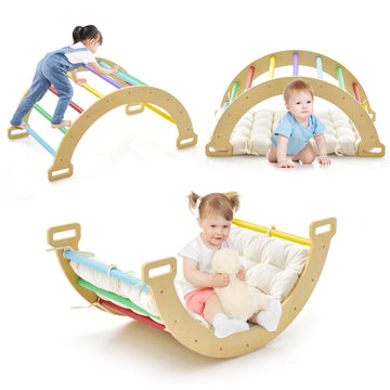Infans 4 In 1 Arch Climbing Toys For Toddlers, Montessori Wooden Arch Climber Ladder Structure And Rocker With Cushion Pad, Wald