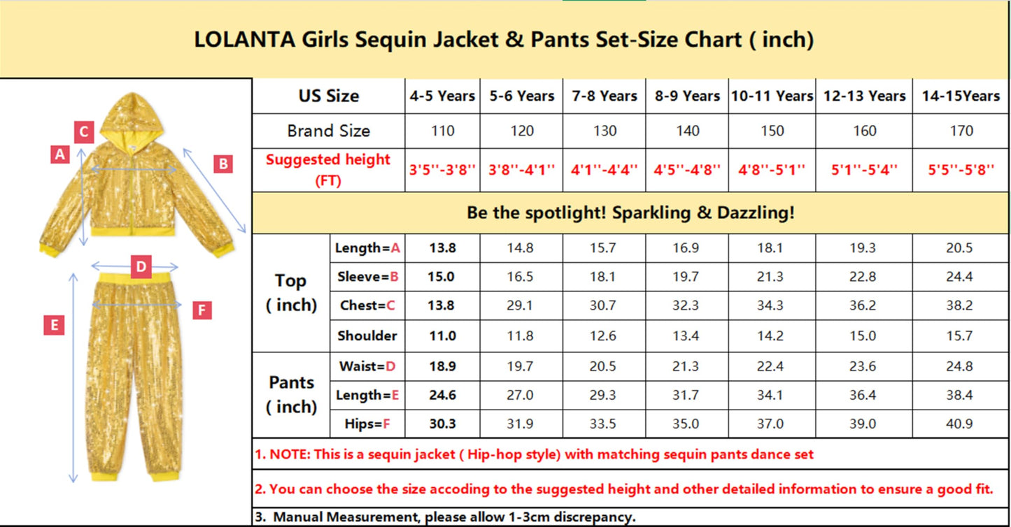 Lolanta Girls Hip Hop Dance Costumes Sequin Jacket And Pants Dance Set Girls Street Dance Casual Wear (Golden, 12-13 Years)