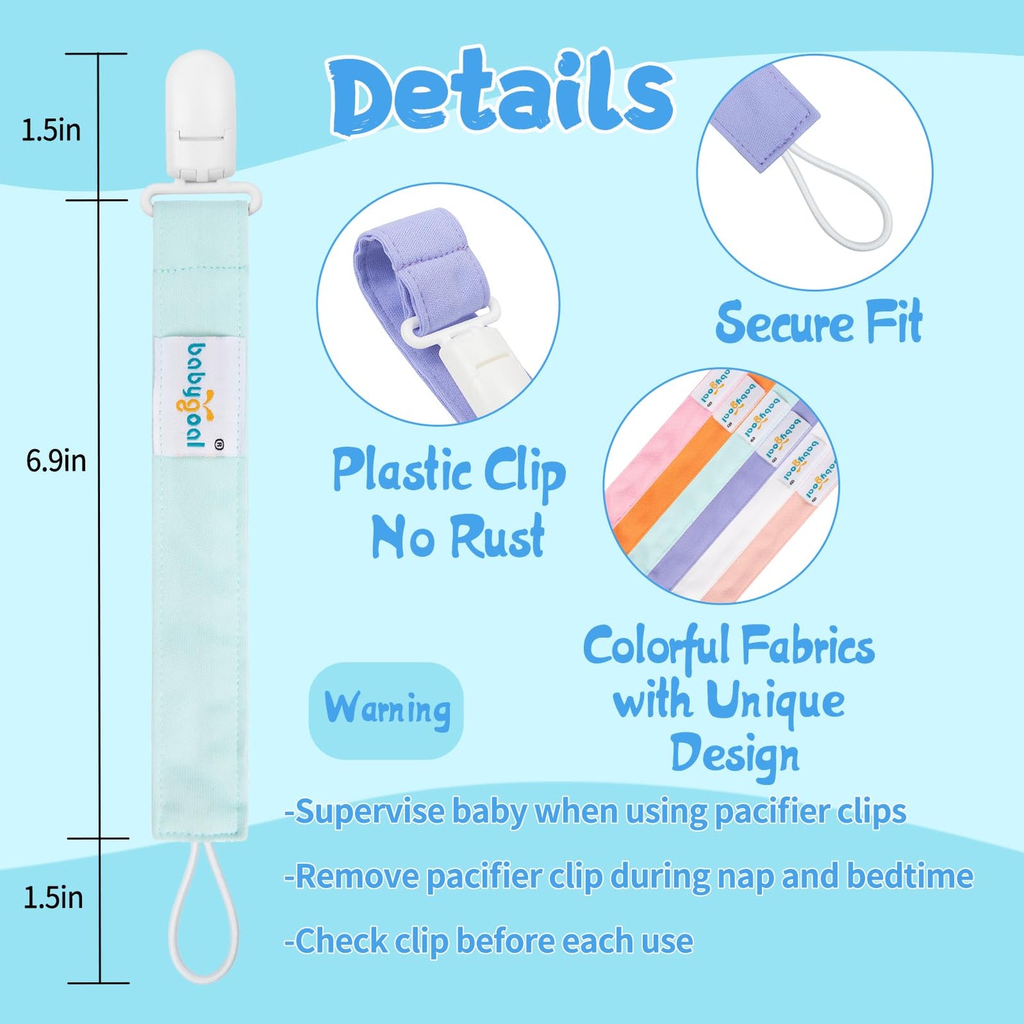 Babygoal Pure Color Pacifier Clips, 6 Pack Binky Paci Holder Clips And Leash For Boys And Girls Fits For Most Pacifier, Binkie S