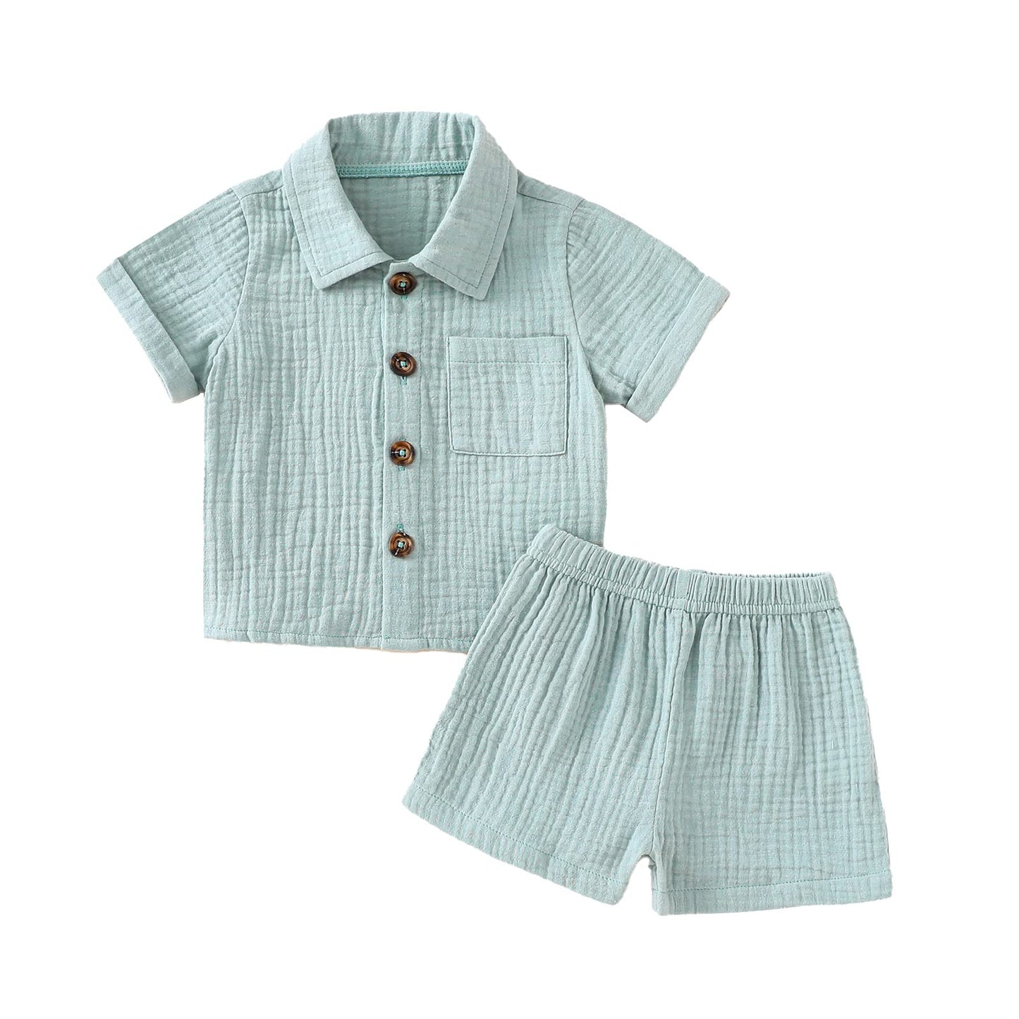 Baby Boys Clothes Set Toddler Infant Boys Button-Down Shirt Tops + Cotton Gauze Shorts Summer Outfit 2Pcs With Pockets (Powder B