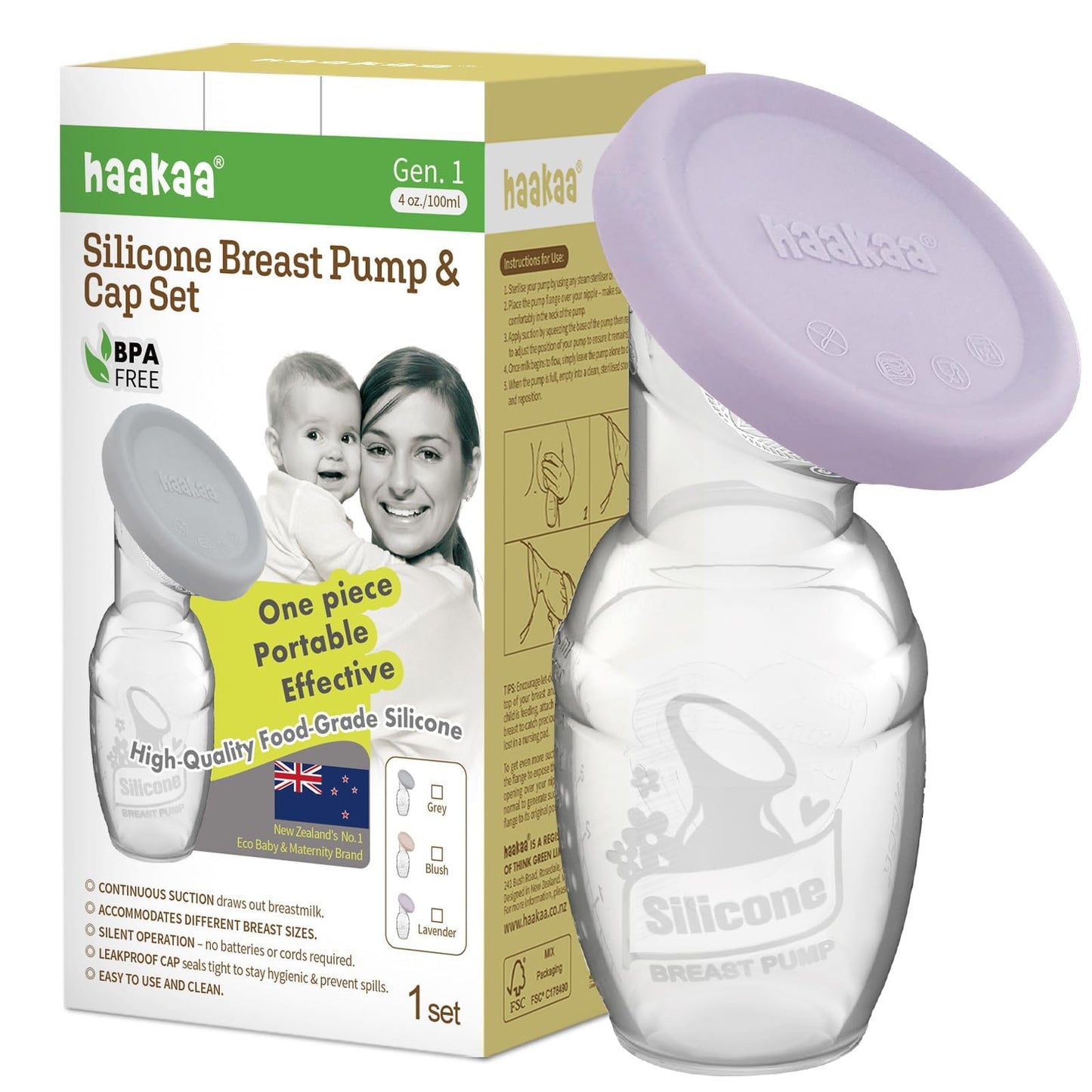 Haakaa Manual Breast Pump Breastfeeding Pump With Food Grade Silicone Cap (Lavender) 4Oz/100Ml