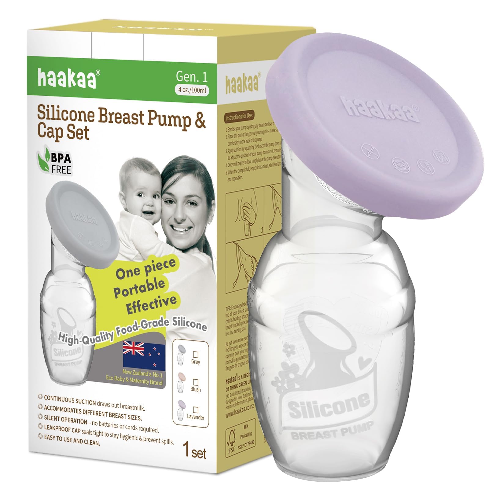 Haakaa Manual Breast Pump Breastfeeding Pump With Food Grade Silicone Cap (Lavender) 4Oz/100Ml