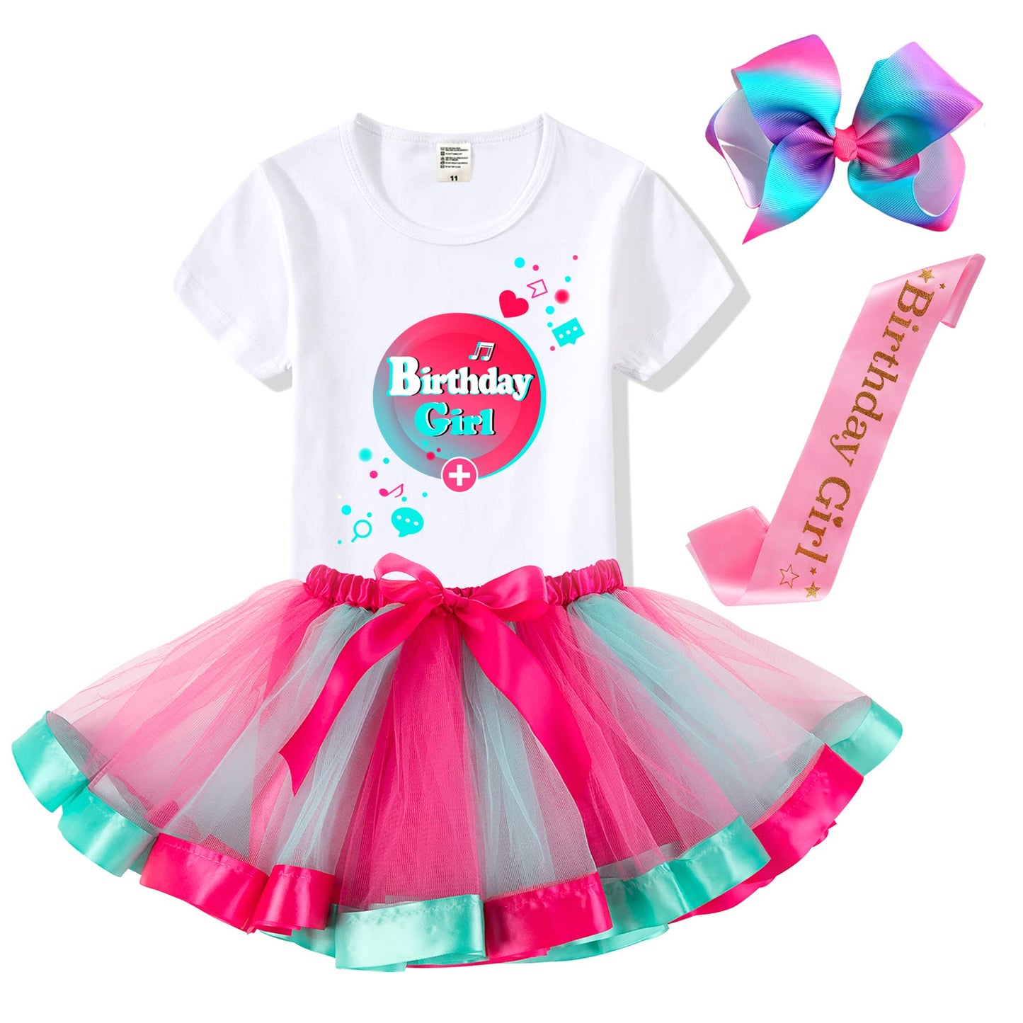 Tutu And Sian Birthday Girl Outfit Party Costume - Hair Bow, Shirt, Tutu Dress, Satin Sash (Birthday Girl 3, 9-10 Years)