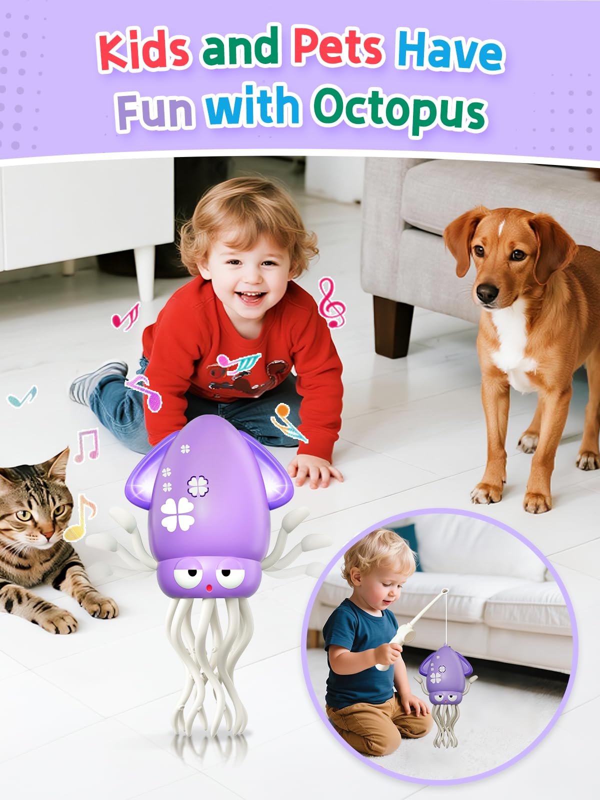 Dancing Squid Baby Toy Gifts, Dancing Octopus Tummy Time Toys, Crawling Octopus with Music and Light, Squid Baby Toy for 3 4 5 6