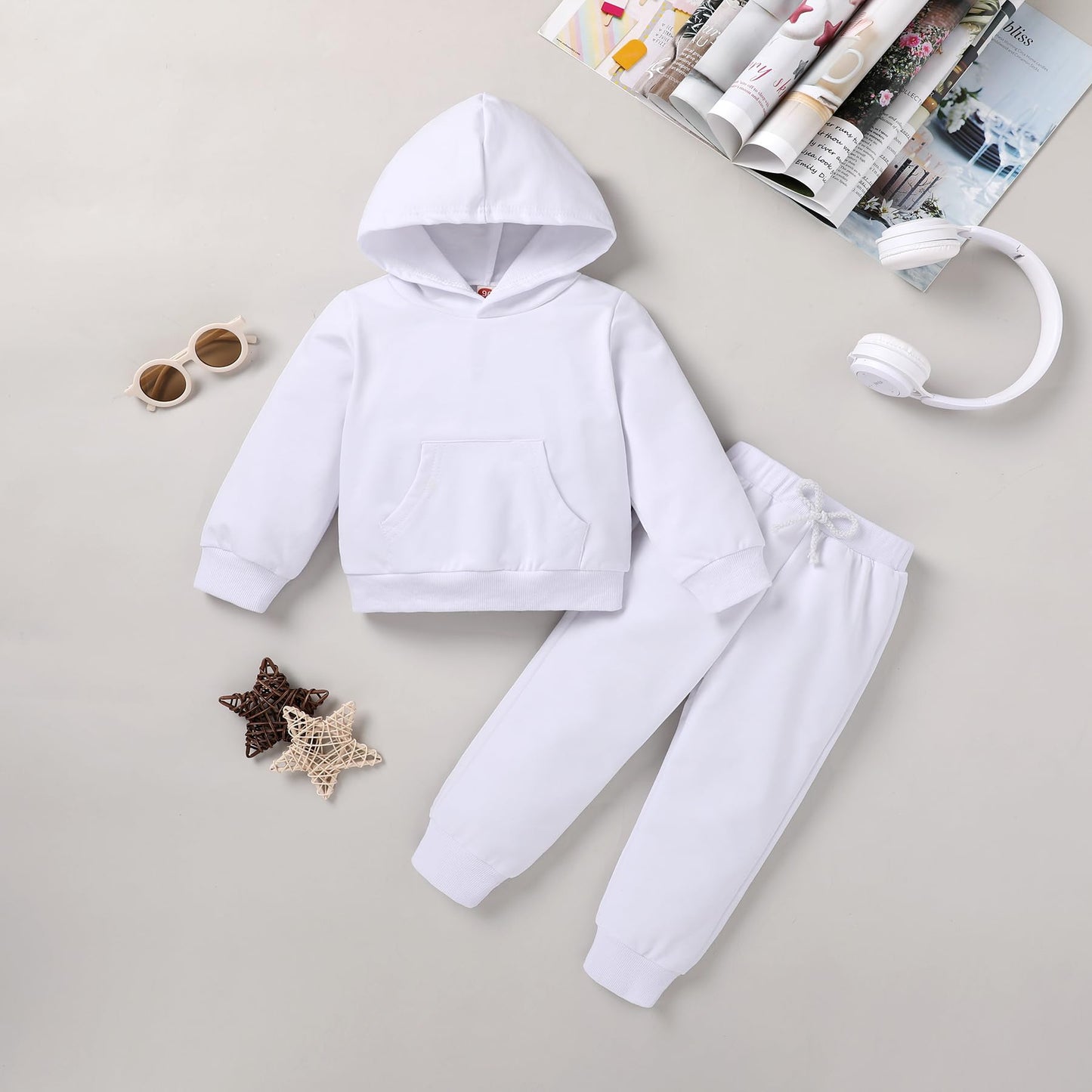Happy Town Toddler Fall Outfits For Girl Boy Long Sleeve Hoodie Top And Long Sweatpants Set Toddler Sweatsuit (Solid Color-White
