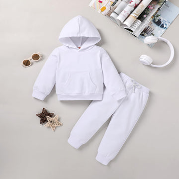 Happy Town Toddler Fall Outfits For Girl Boy Long Sleeve Hoodie Top And Long Sweatpants Set Toddler Sweatsuit (Solid Color-White