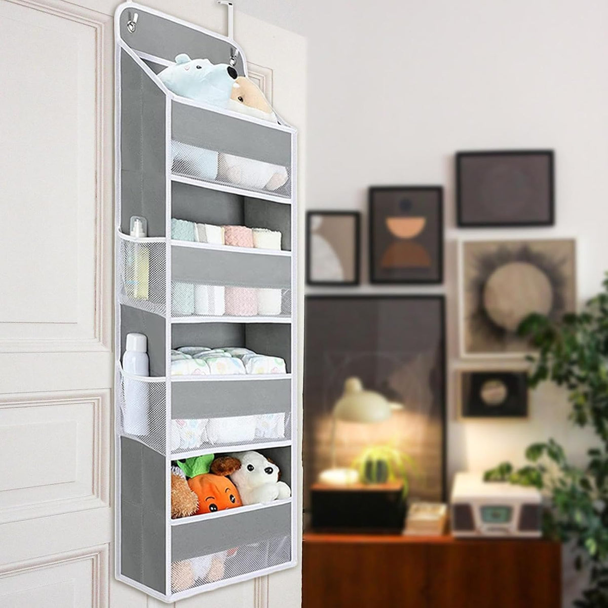 EKYLIP Over the Door Organizer, 35.2lbs Load Stuffed Animal Storage Hanging, Swingproof Diaper Organizer Storage with 4 Big Poc