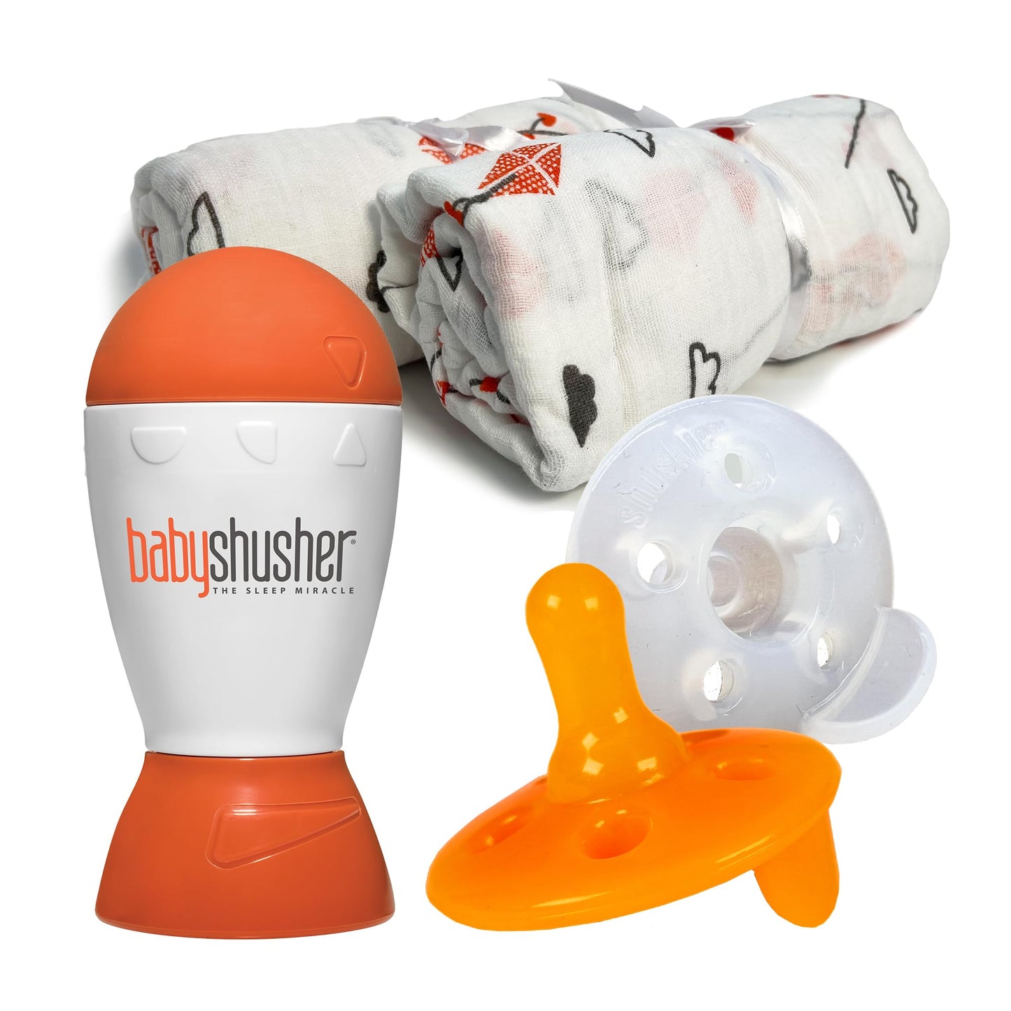 Baby Shusher Gift Set - Includes Portable White Noise Sound Machine, 2 Shushie Pacifiers, and 2 Cotton Swaddles, Travel Friendly