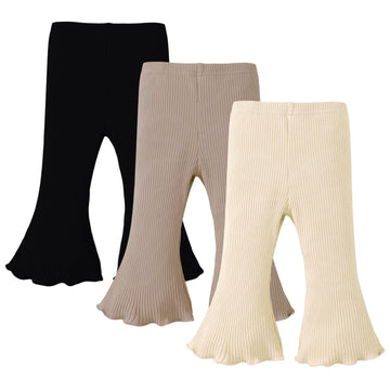 Sobowo Baby Girl Bell Bottoms Toddler Baby Girl Flare Pants 3 Pack Solid Ribbed Ruffle Bell Bottoms Pants Fall Outfits(Black/Bei