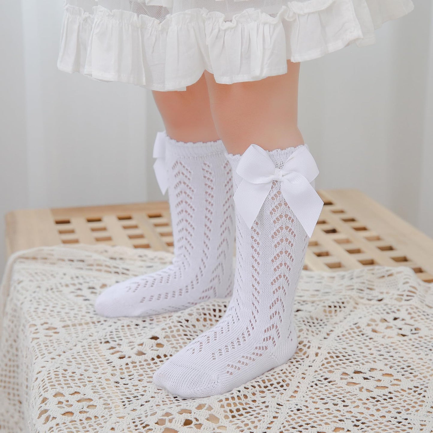 Tibe Pincess Baby Girls Knee High Socks Toddler Bow Mesh Breathable Dress Socks Kids Cotton Tube Uniform Stockings 5-Pack Lace S