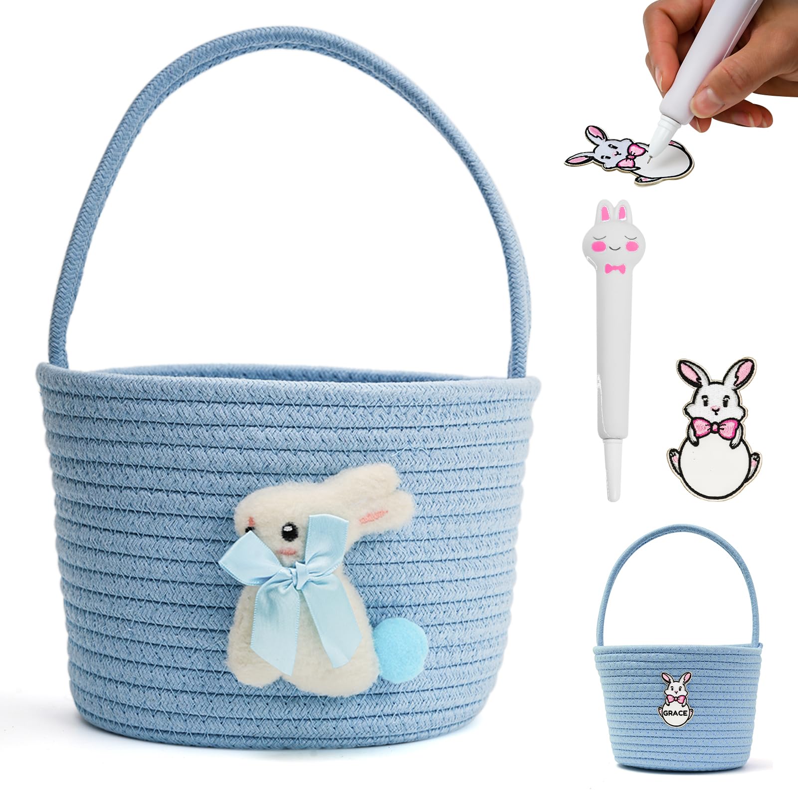 Easter Baskets With Bunny Decoration For Kids - Soft & Durable Woven Design, Empty Baby Bunny Egg Basket With Handle For Boys, G