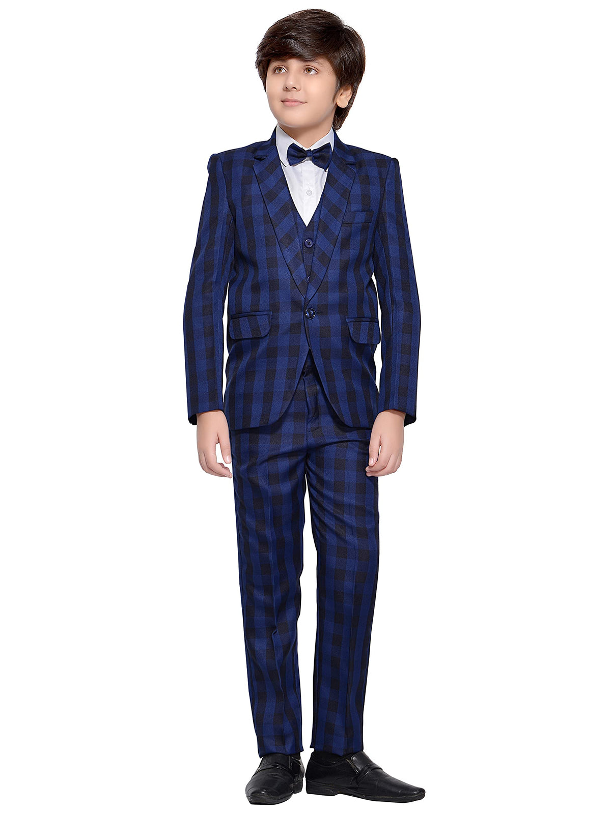 Jeetethnics Boys Navy Blue Checked Coat Suit Set With Waistcoat Shirt And Trousers (9087Dq)