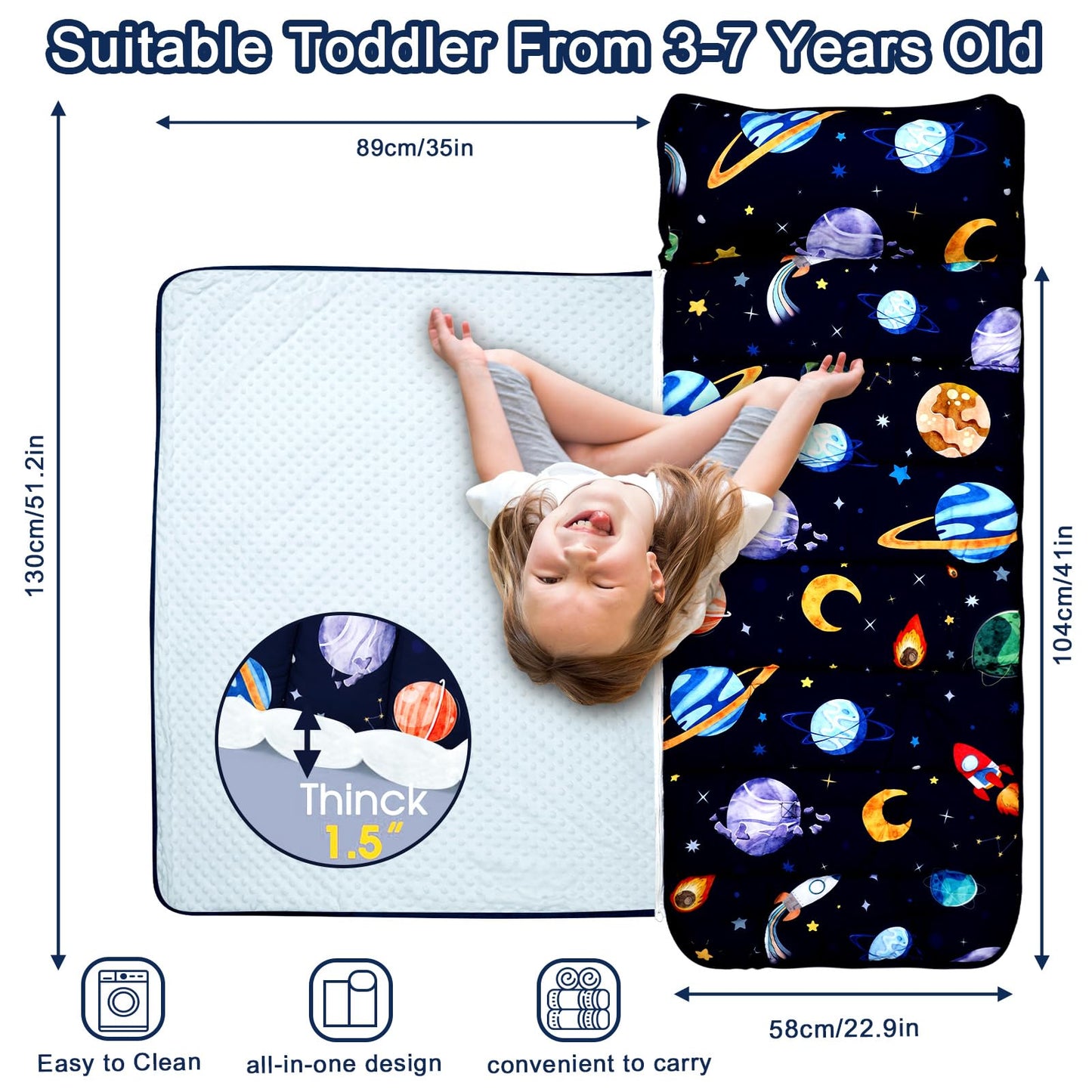 Toddler Nap Mat With Removable Pillow & Soft Dot Minky Blanket, Pea Pod Kids Nap Mats Rockets Space Rolled Slumber Bags For Boys