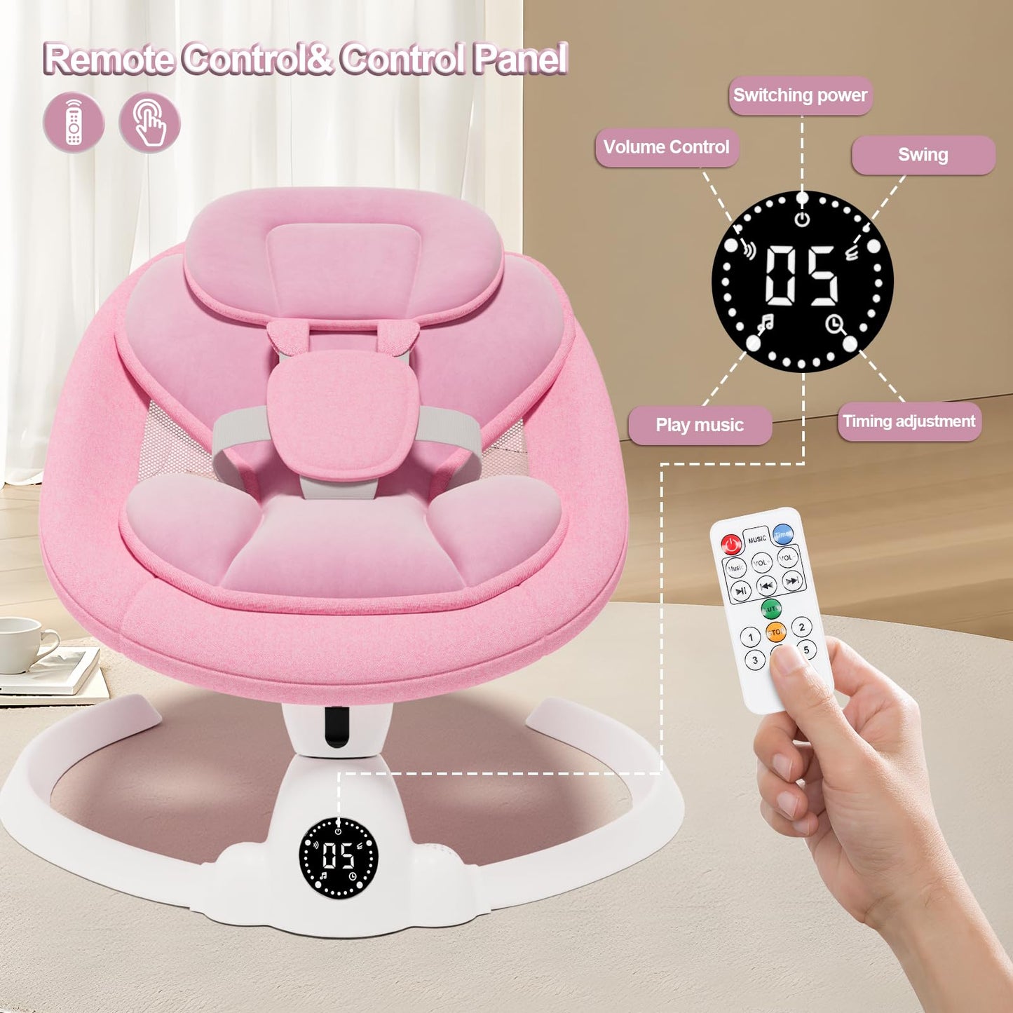 Electric Baby Swings For Infants To Toddler Baby Swing With Remote Control & Bluetooth Music 10-Preset Melodies (Pink)