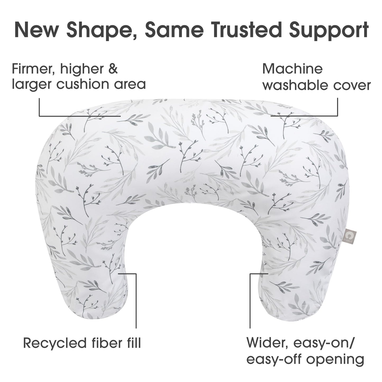 Boppy Nursing Pillow, Gray Gentle Leaves, Larger, Firmer, More Supportive Pillow For Breastfeeding And Bottle Feeding, Firmer Fi