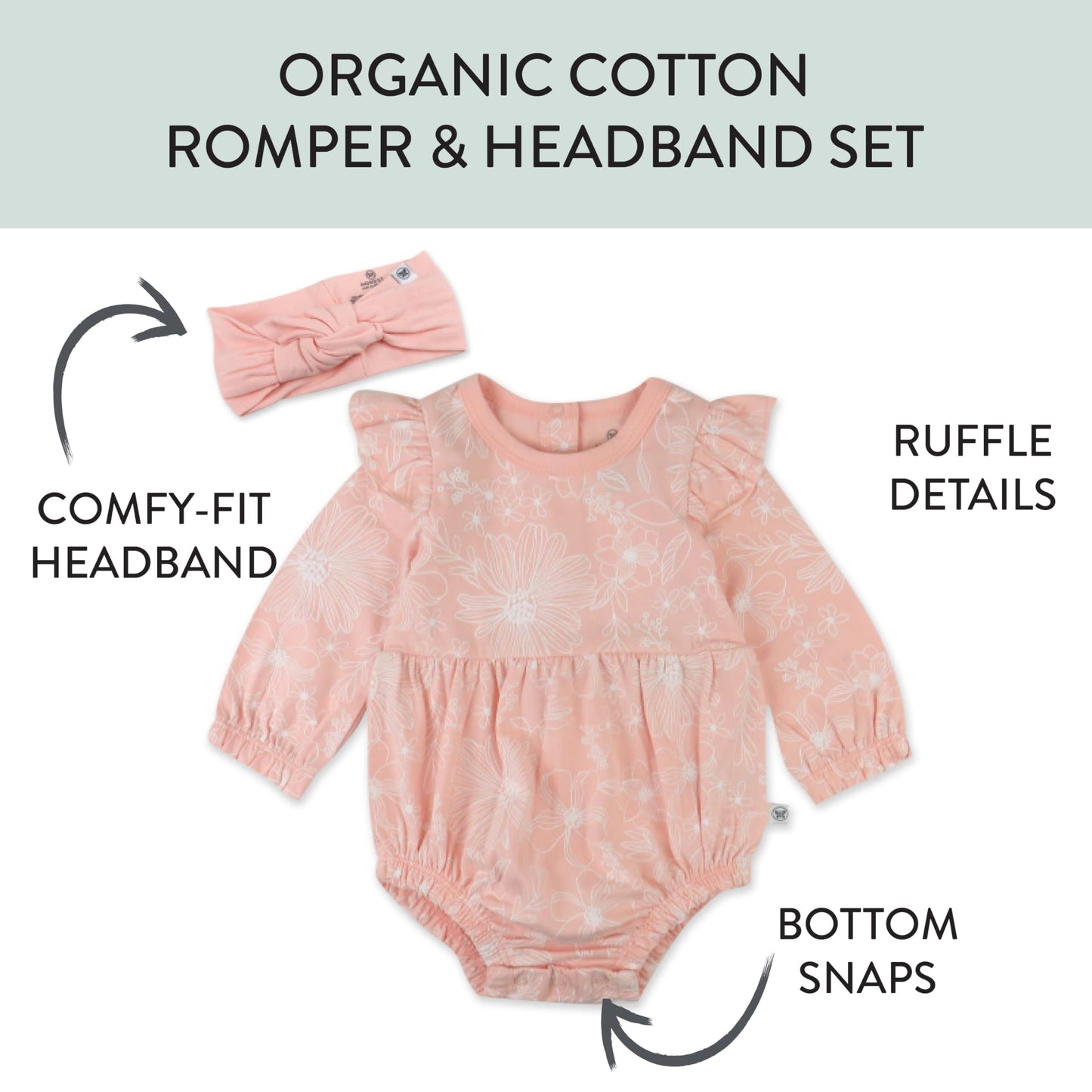 Honestbaby 2 Piece Bubble Romper & Headband Set,Girl,Sketchy Floral Dusty Pink,0-3 Months