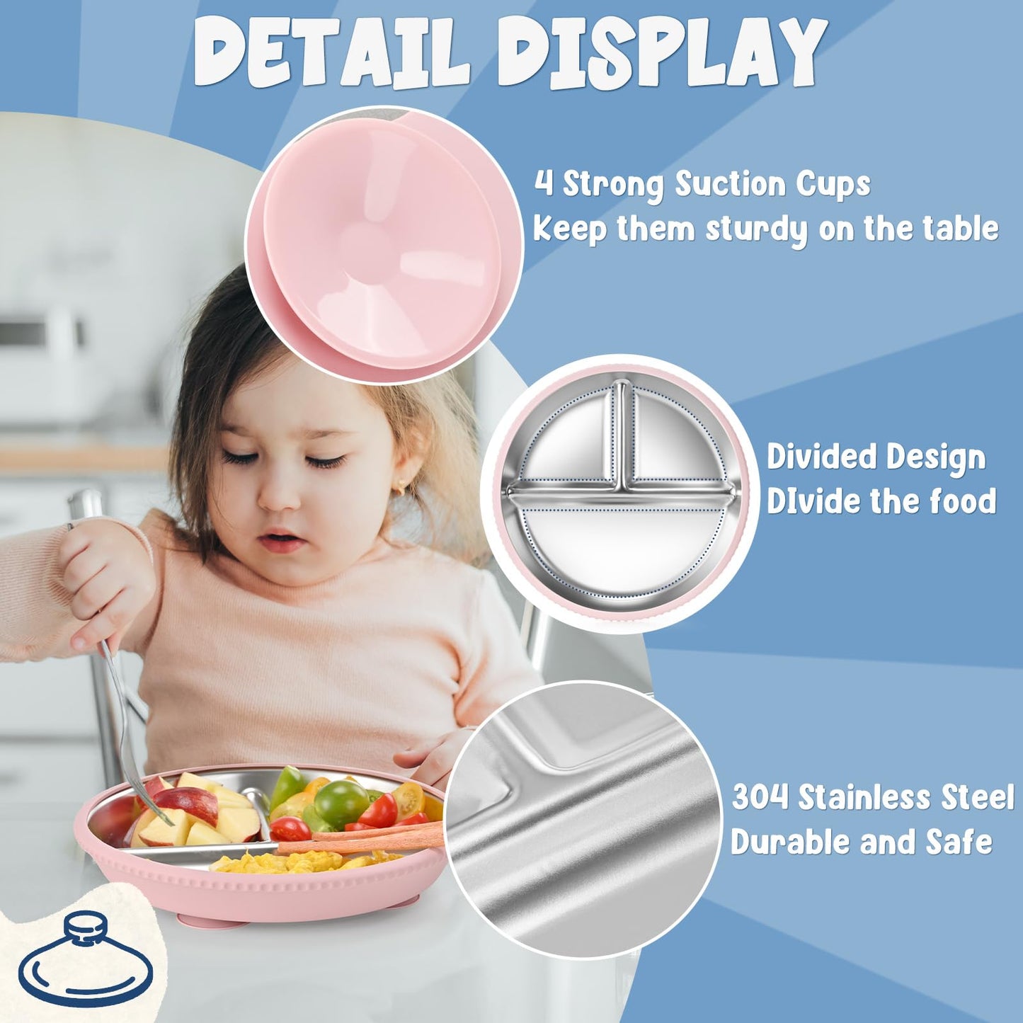 2-Pack Stainless Steel Kids Plates with Suction Bases, 8.26 Divided Toddler Plates with Removable Silicone Sleeves, Non-Slip, BP