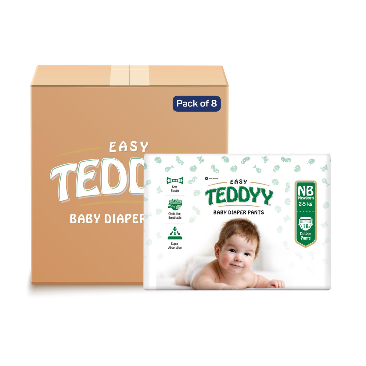 Teddyy Easy Baby Nb Size Diaper Pant Style | 144 Count (New Born) | Upto 5 Kgs (Pack Of 8) | Long Protection Hours | AntiBacter