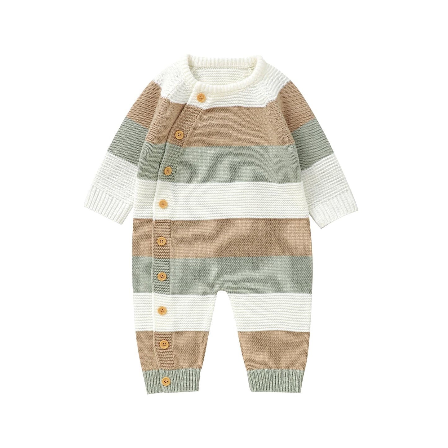 Licupiee Newborn Girl Boy Striped Sweater Romper Fall Long Sleeve Full Length Playsuit Winter Warm Button Up Knitted Jumpsuit (W