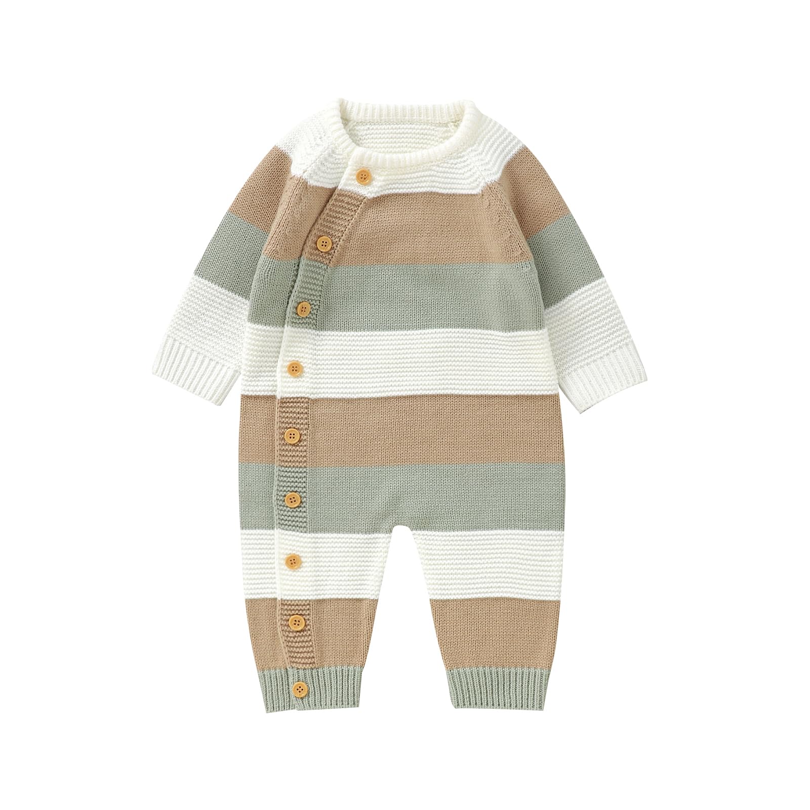 Licupiee Newborn Girl Boy Striped Sweater Romper Fall Long Sleeve Full Length Playsuit Winter Warm Button Up Knitted Jumpsuit (W